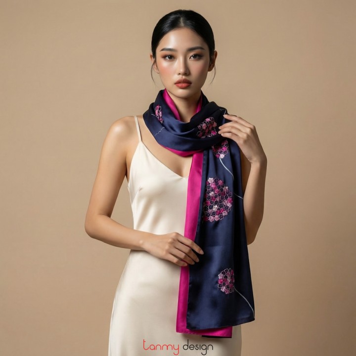 Khăn lụa 2 mặt xanh hồng thêu tay cẩm tú cầu 55*200 cm